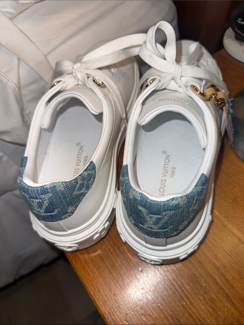 Louis Vuitton White Leather Low-Top Sneakers with Gold Accents - Picture 4 of 17